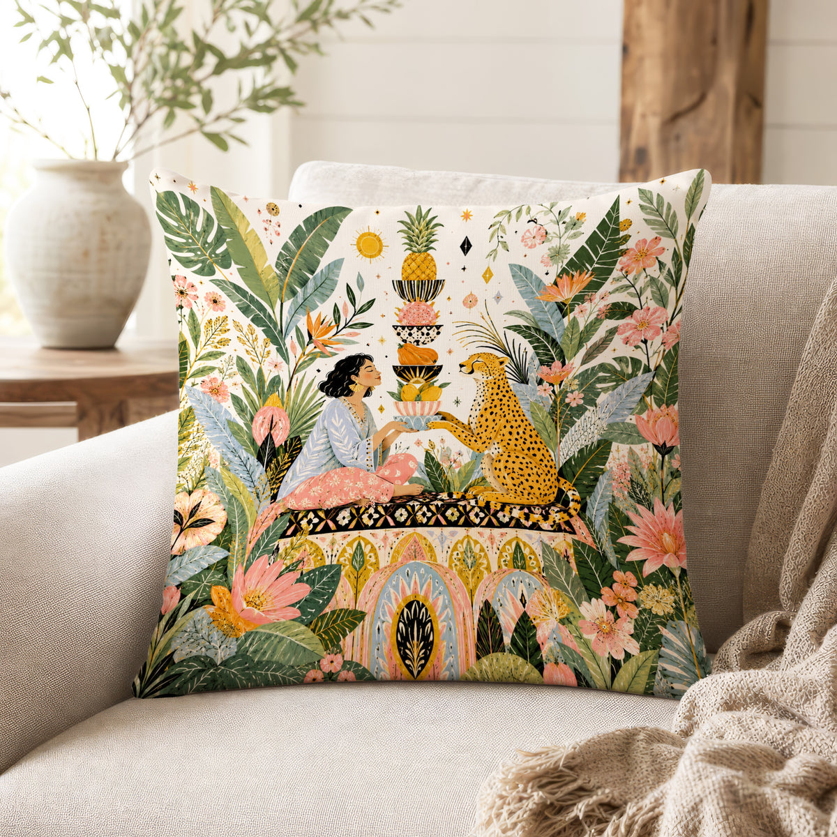 The Cheetah’s Garden – Tropical Animal Pillow