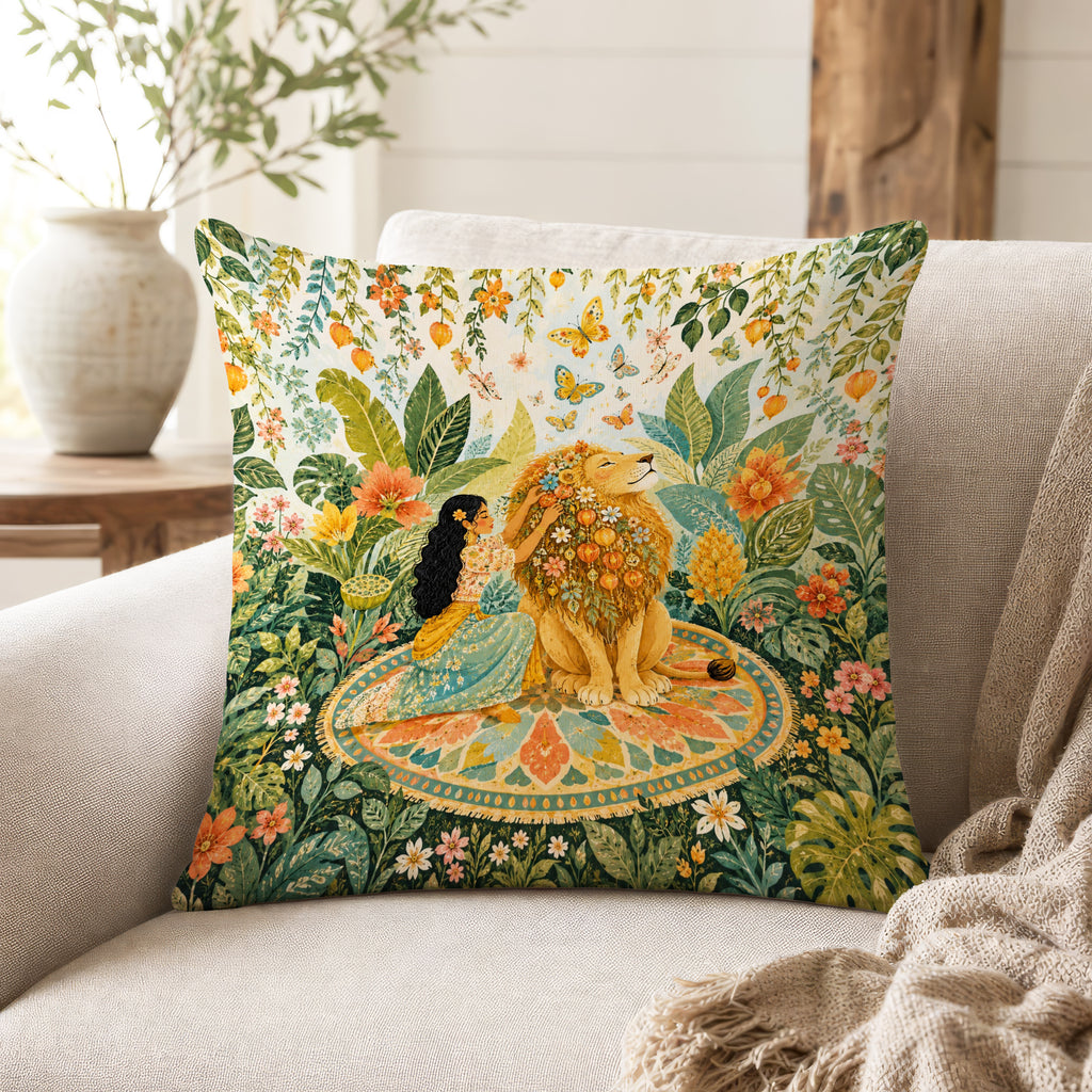 Lion in Bloom – Botanical Animal Pillow