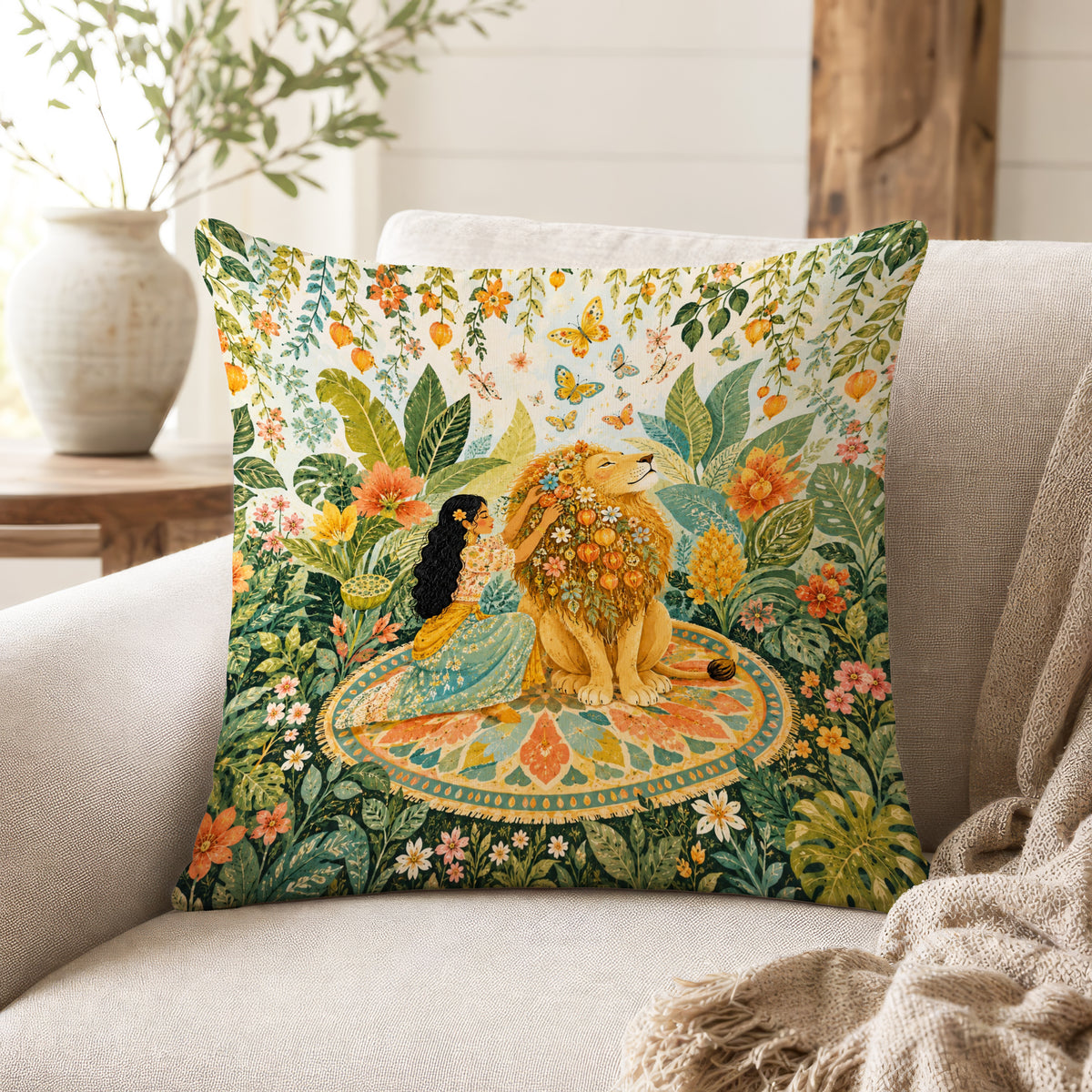 Lion in Bloom – Botanical Animal Pillow