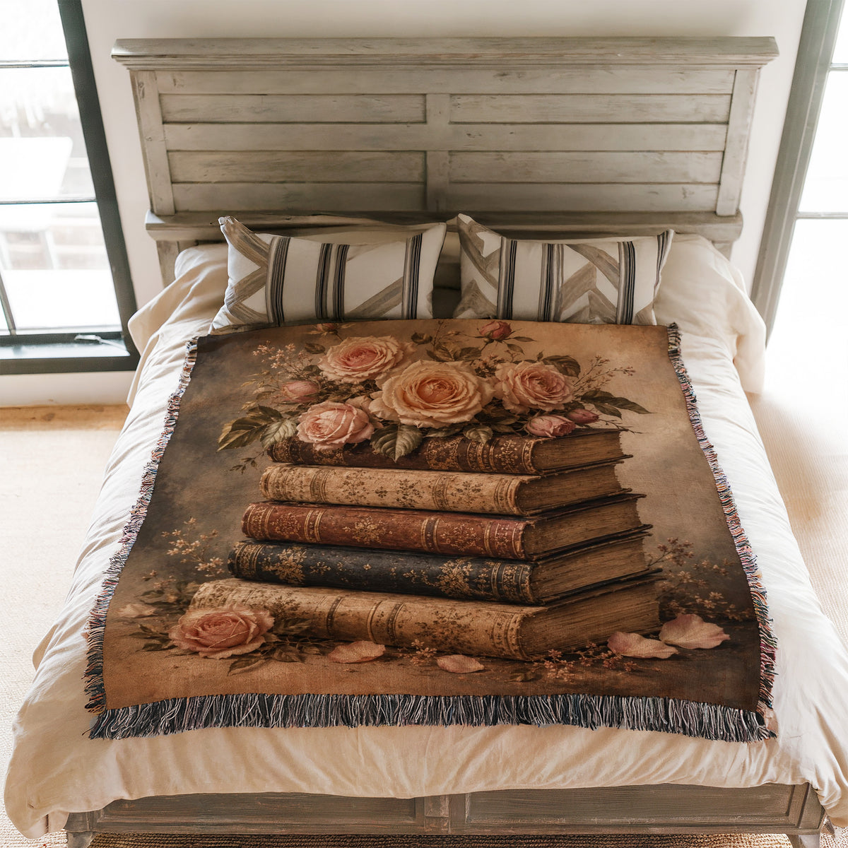 Blush Roses & Antique Books Blanket