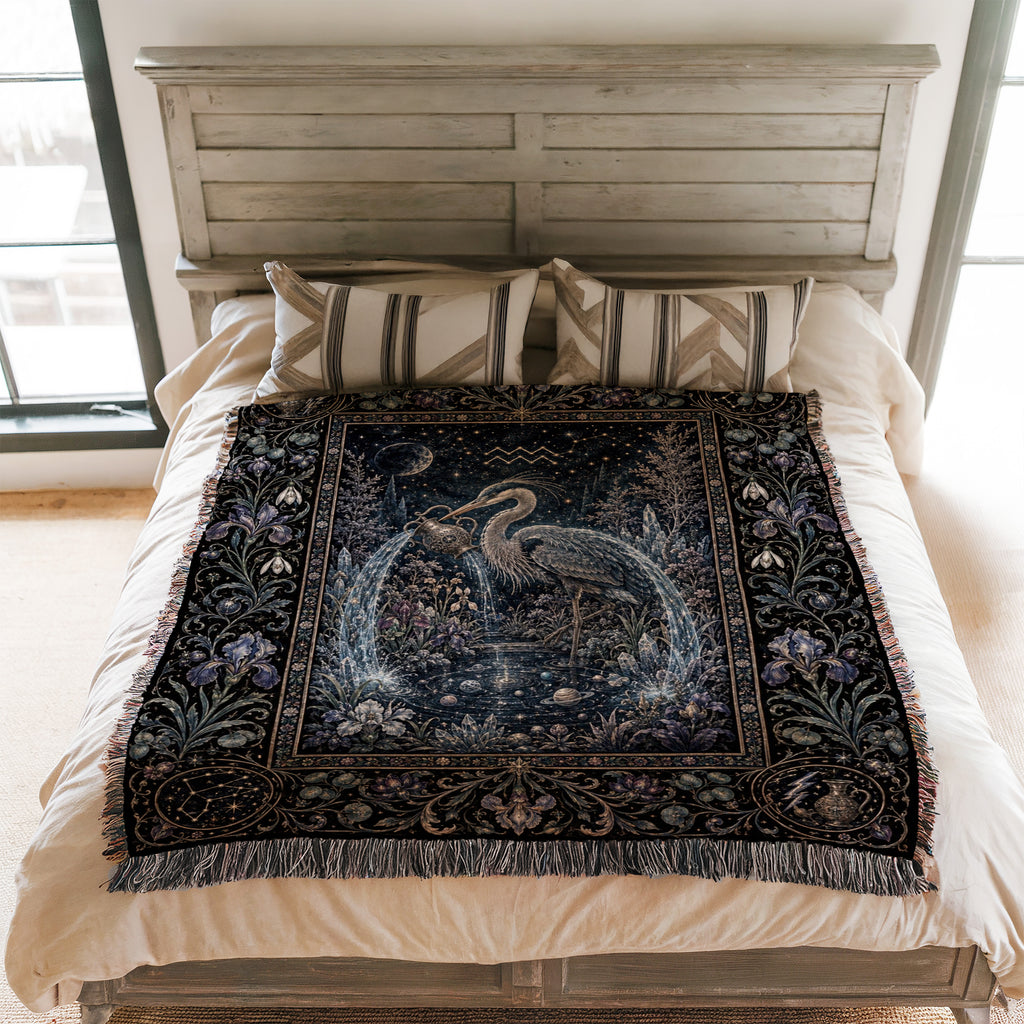 Aquarius Moonlit Heron Zodiac Blanket