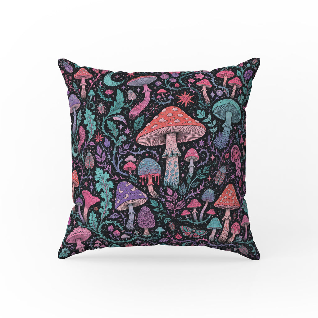 Midnight Mushroom Garden – Whimsical Botanical Pillow
