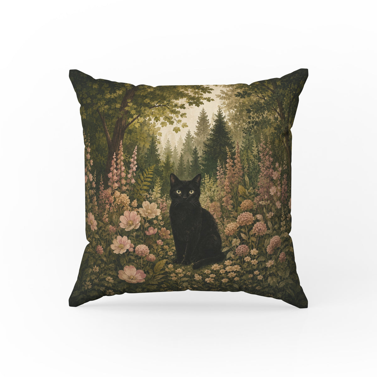 Black Cat in the Wildflower Wood – Floral Pillow Main image