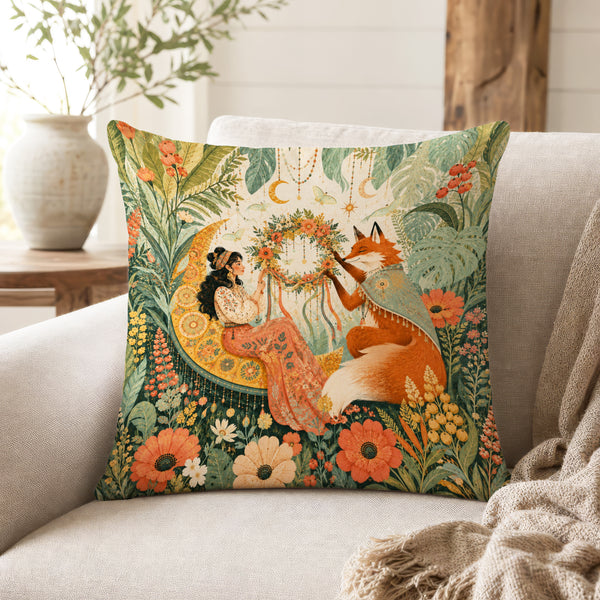 The Fox & Crescent Moon – Woodland Fantasy Pillow