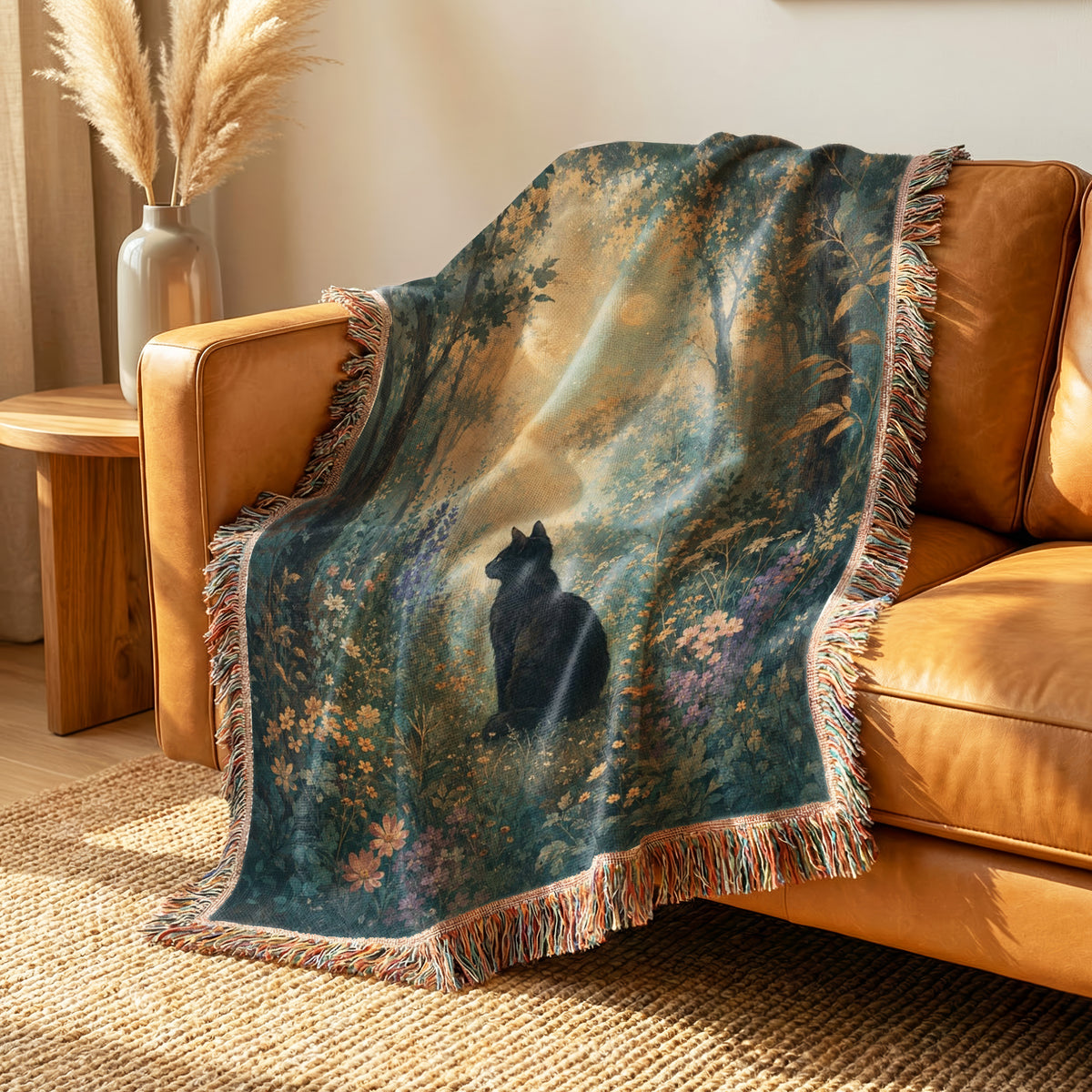 Moonlit Wildflower Black Cat Blanket