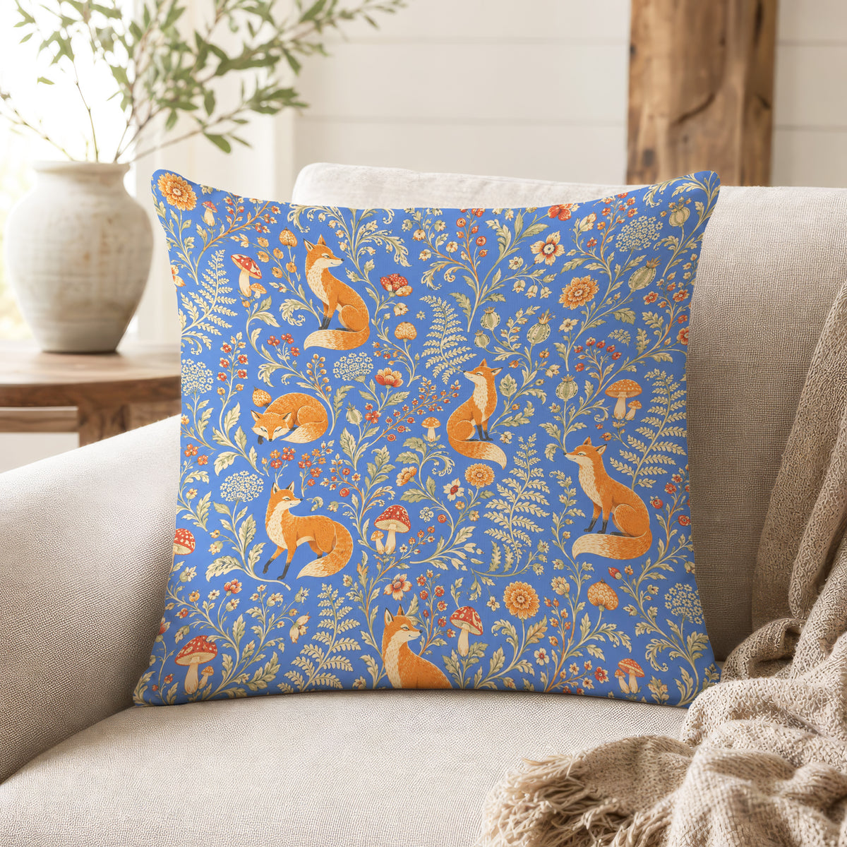 Foxes in Bloom – Blue Woodland Floral Pillow