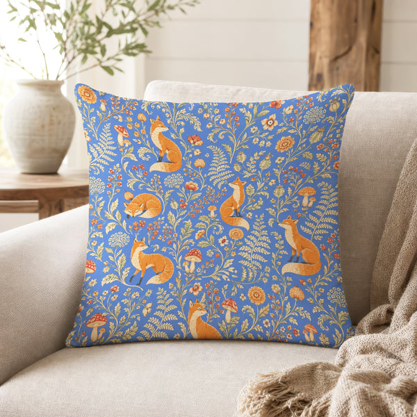 Foxes in Bloom – Blue Woodland Floral Pillow