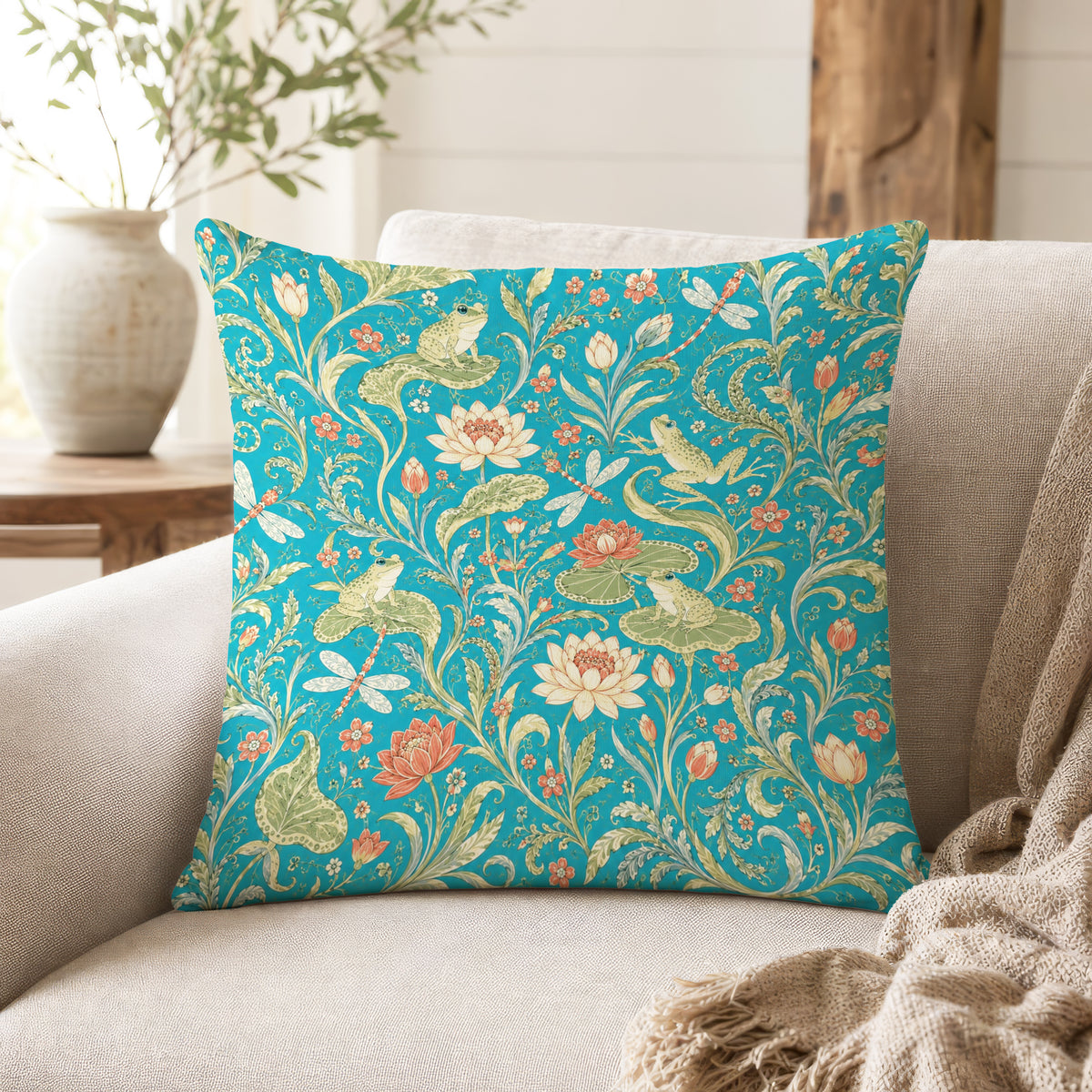 Lotus Pond Frogs – Turquoise Botanical Pillow