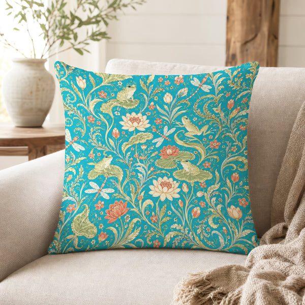 Lotus Pond Frogs – Turquoise Botanical Pillow