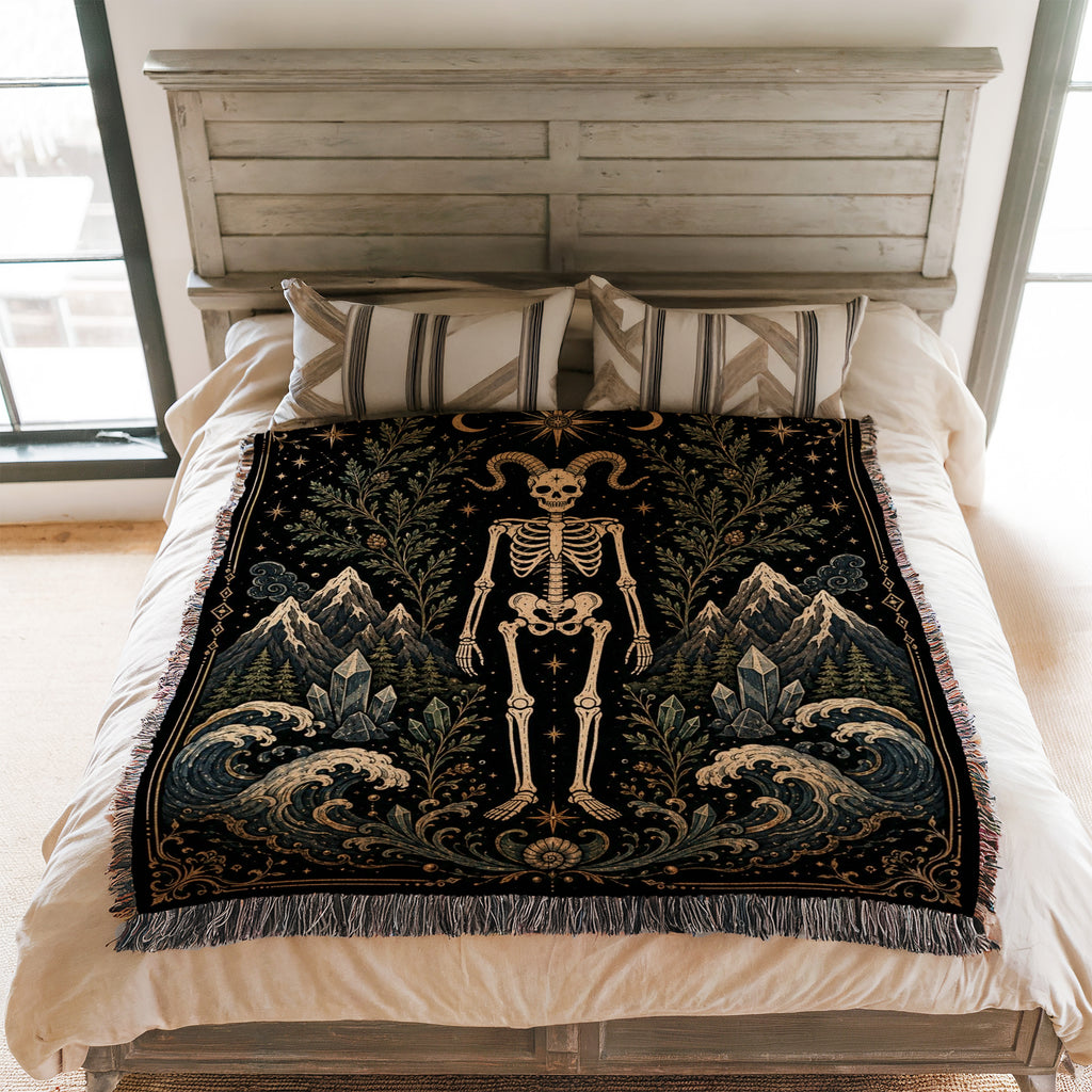 Capricorn Mountain & Sea – Gothic Skeleton Zodiac Blanket