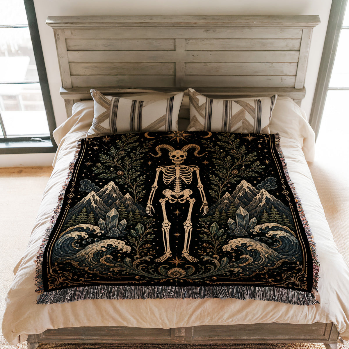 Capricorn Mountain & Sea – Gothic Skeleton Zodiac Blanket