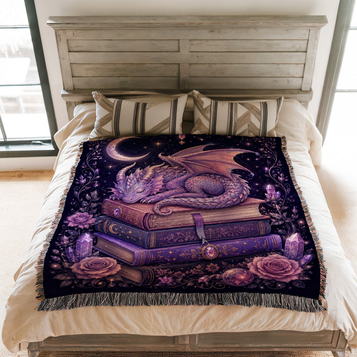 Moonlit Amethyst Dragon on Books Blanket