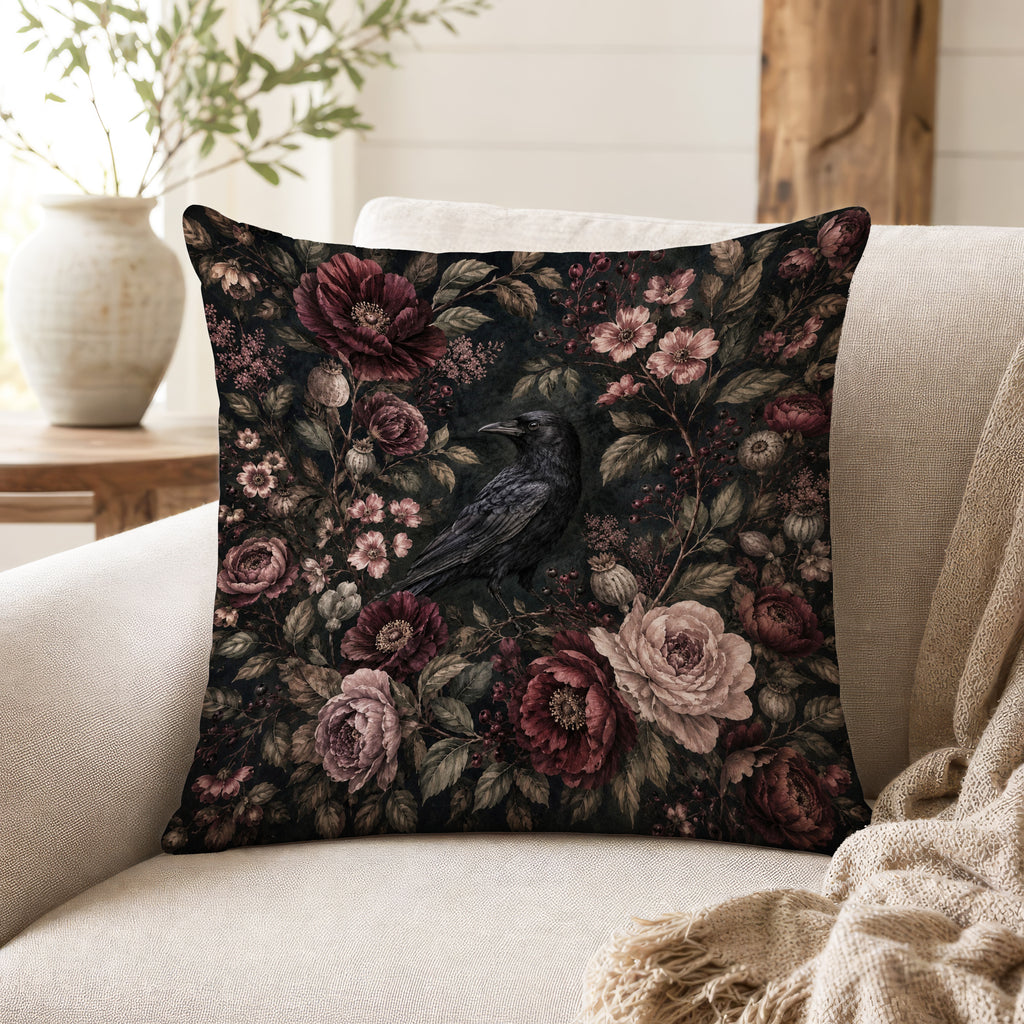Raven Among Roses – Gothic Floral Pillow