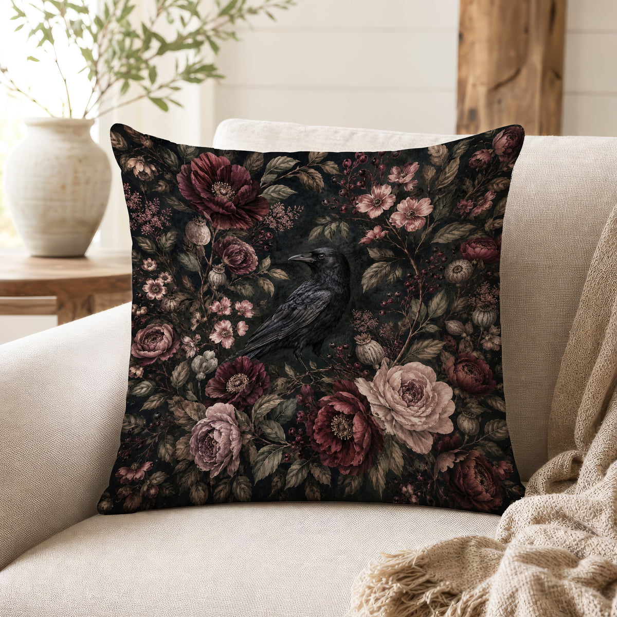 Raven Among Roses – Gothic Floral Pillow