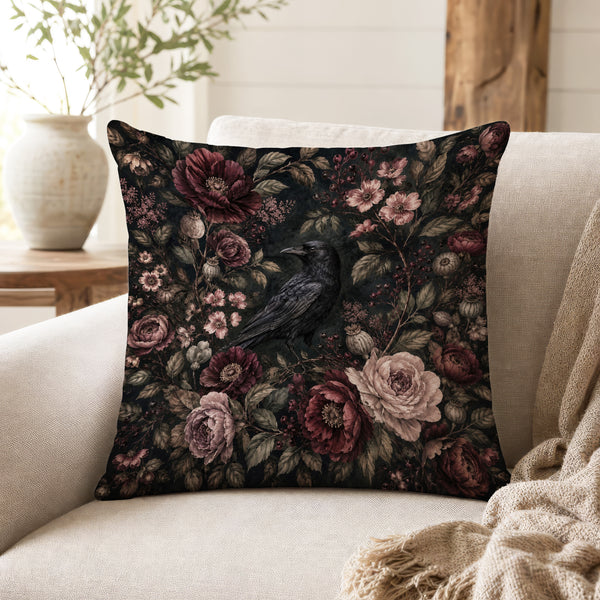 Raven Among Roses – Gothic Floral Pillow