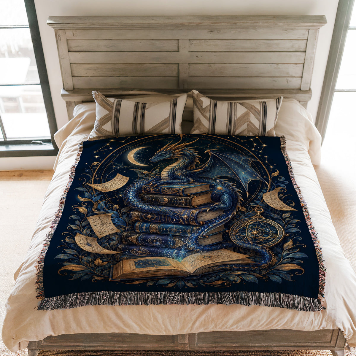 Celestial Blue Dragon & Ancient Books Blanket