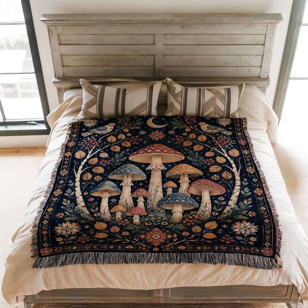 Moonlit Birch Mushroom Blanket