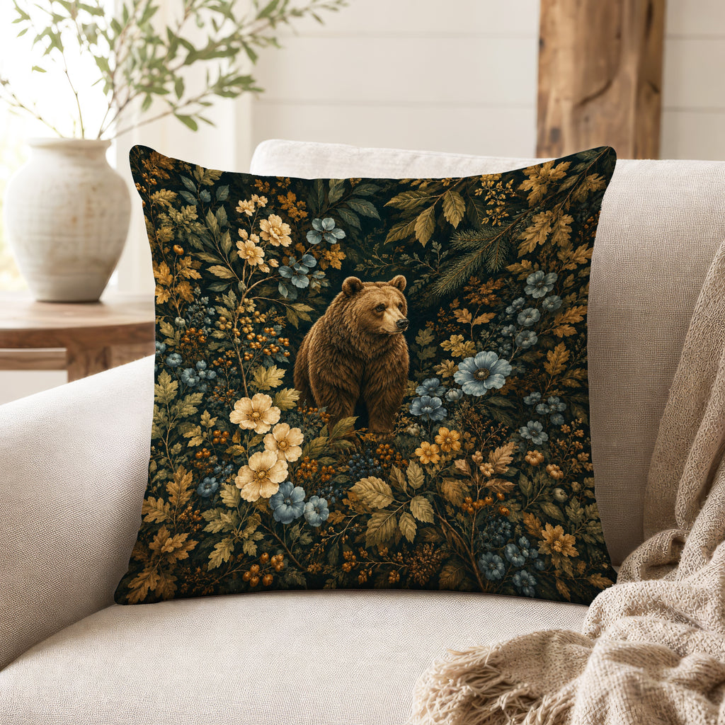 The Woodland Bear – Dark Botanical Pillow