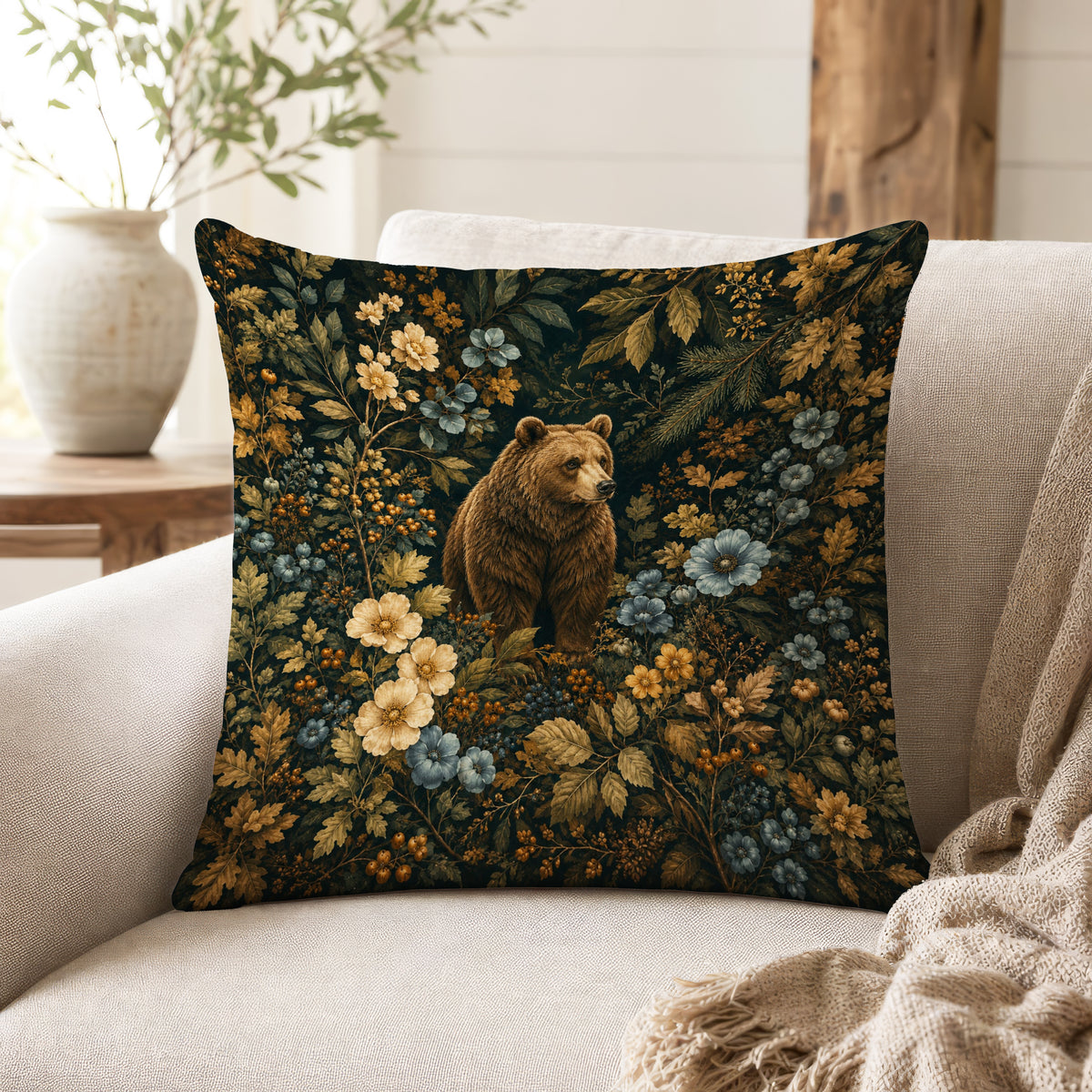 The Woodland Bear – Dark Botanical Pillow