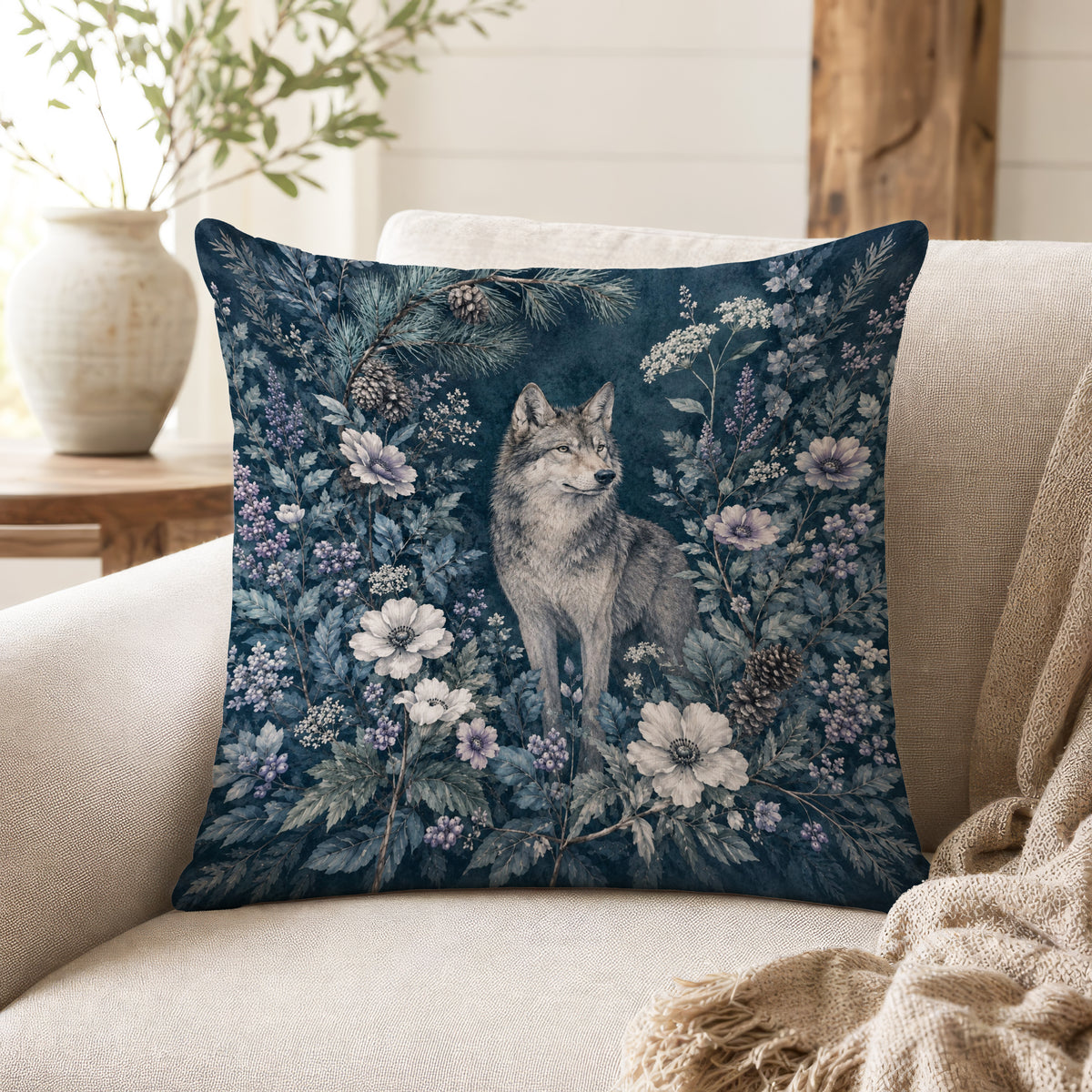 Winter Wolf Garden – Blue Woodland Pillow