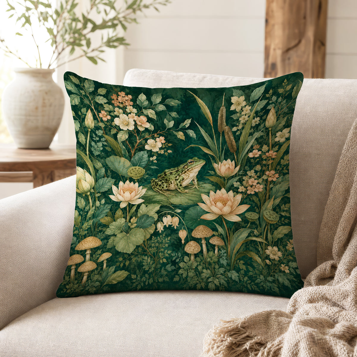 The Lily Pond Frog – Botanical Woodland Pillow