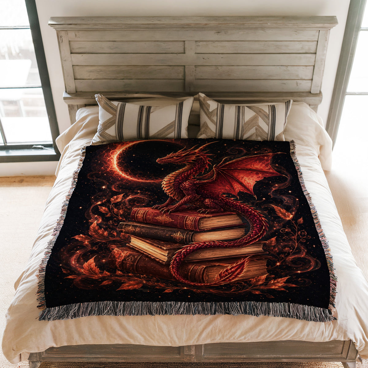 Crimson Eclipse Dragon & Books Blanket