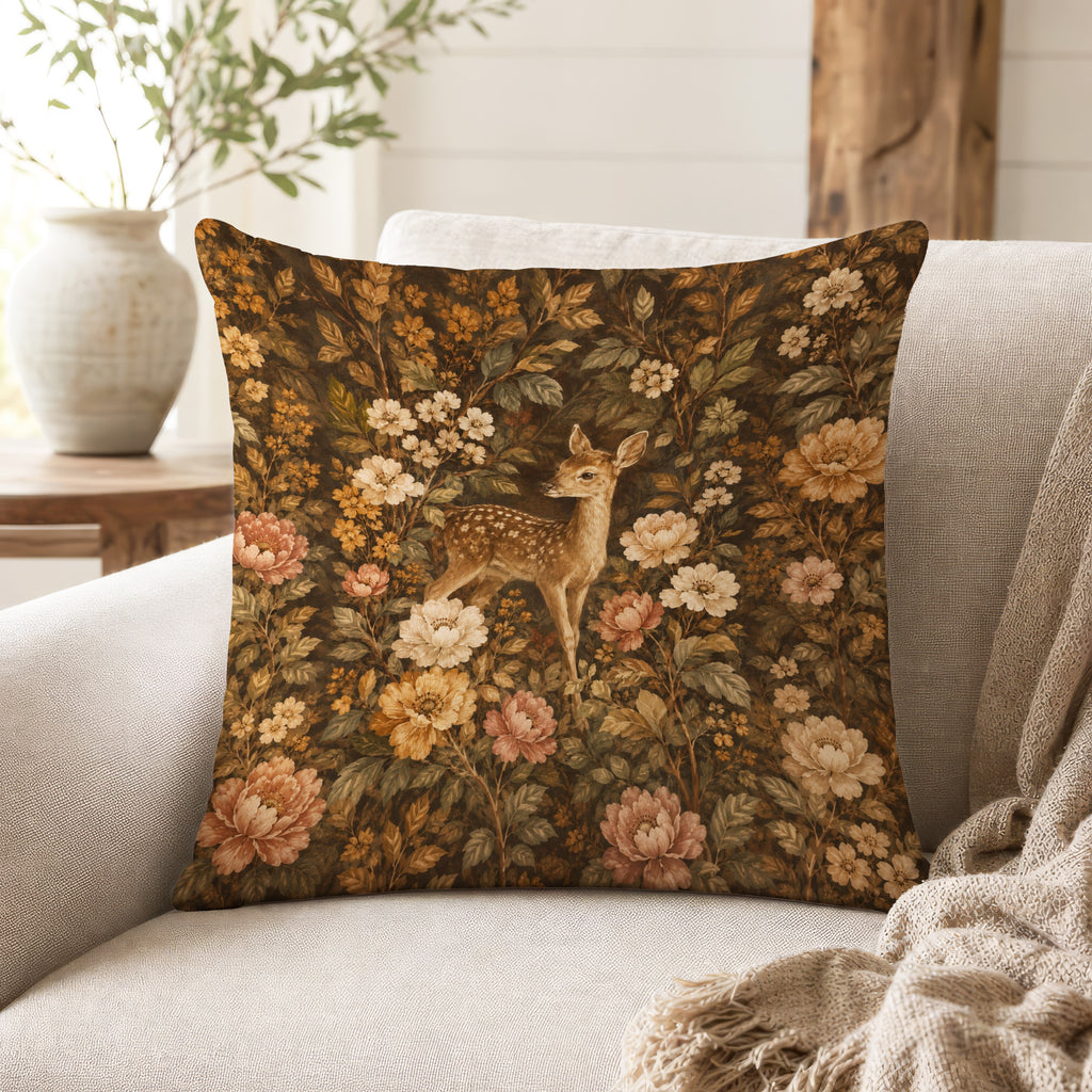 Fawn in the Flowers – Vintage Woodland Pillow