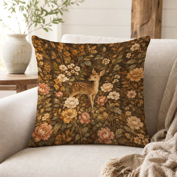 Fawn in the Flowers – Vintage Woodland Pillow