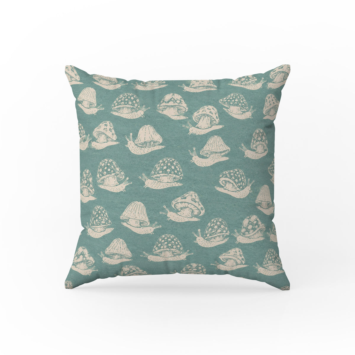 Mushroom Snails – Teal Woodland Pillow