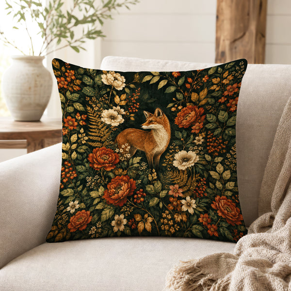 Fox in the Autumn Garden – Dark Woodland Pillow