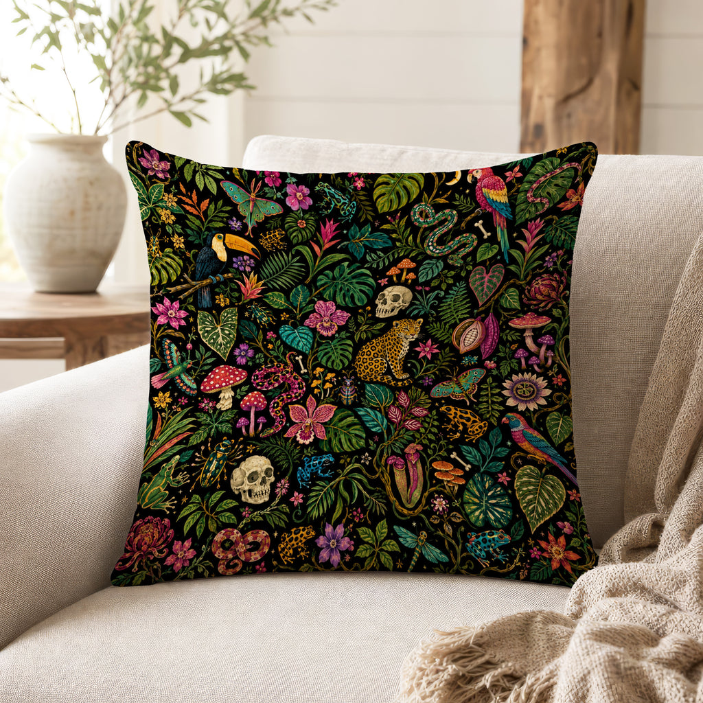 Midnight Jungle Curiosities – Dark Tropical Pillow