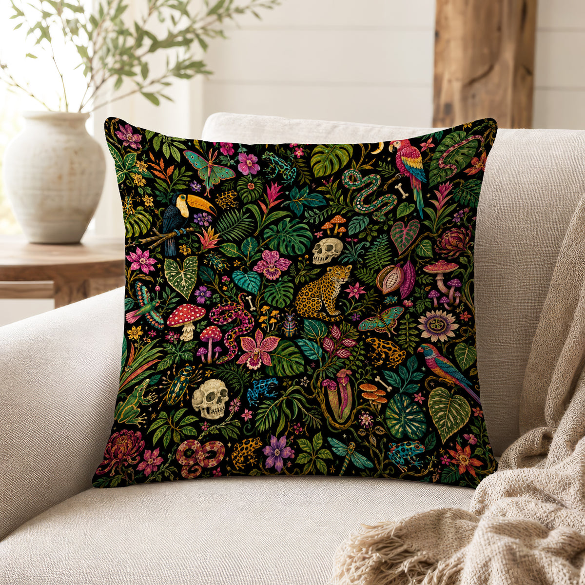 Midnight Jungle Curiosities – Dark Tropical Pillow