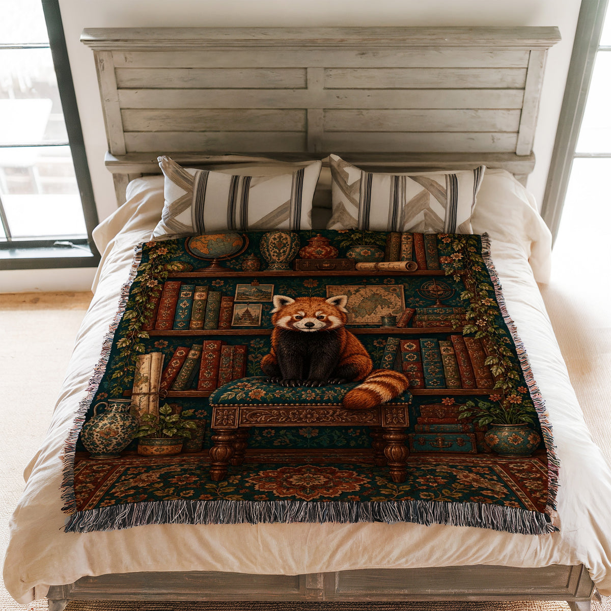 The Curious Red Panda Library Blanket
