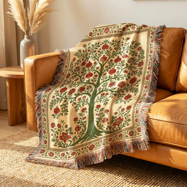 Crimson Pomegranate Tree Woven Blanket