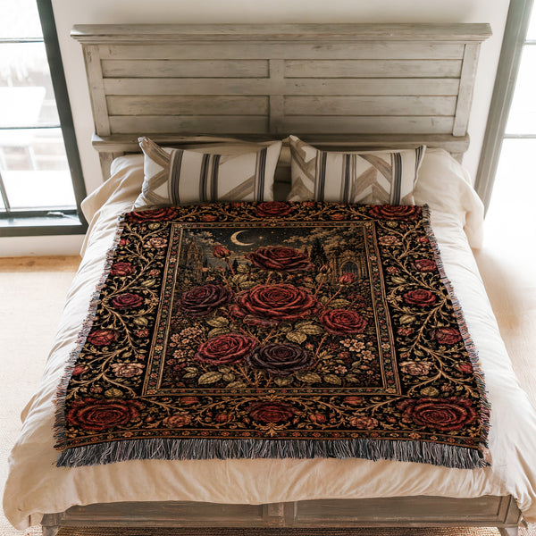 Midnight Crimson Rose Garden Blanket