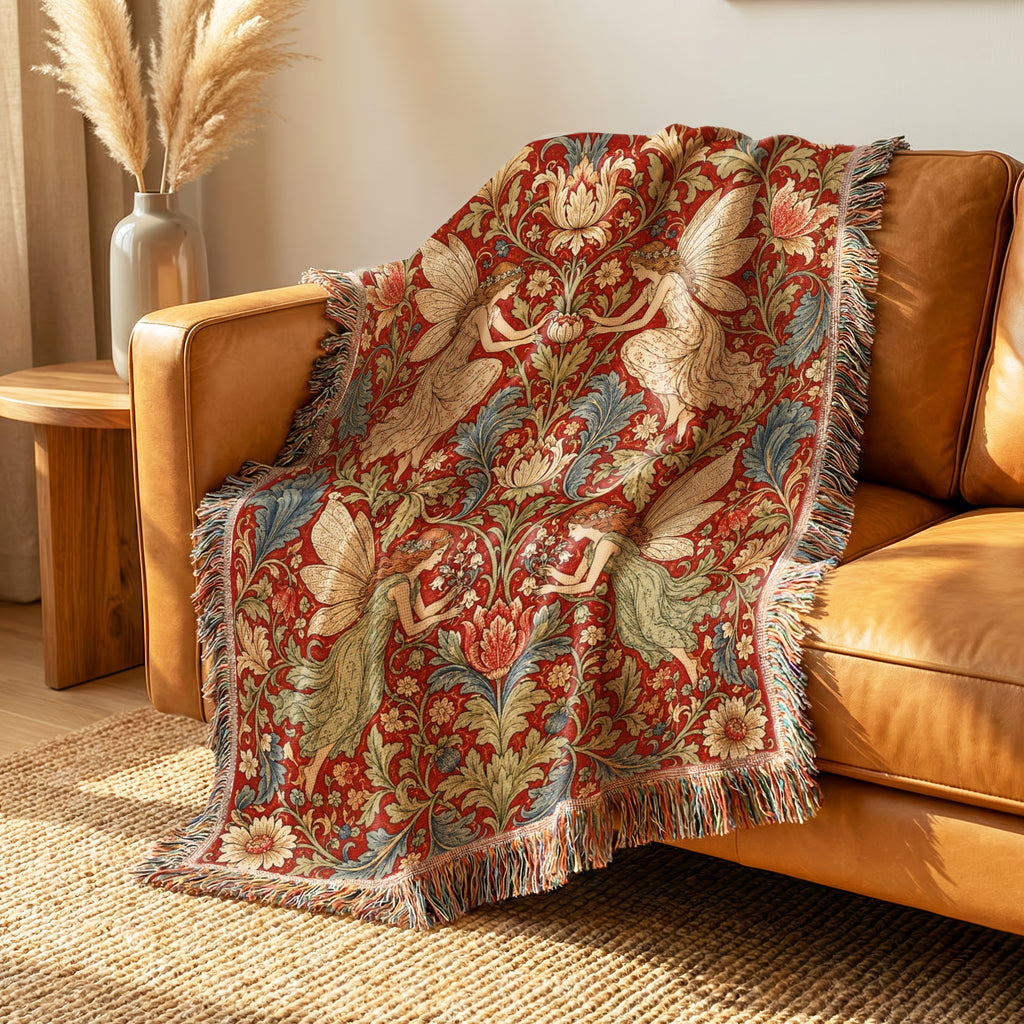 Crimson Floral Fairy Tapestry Blanket