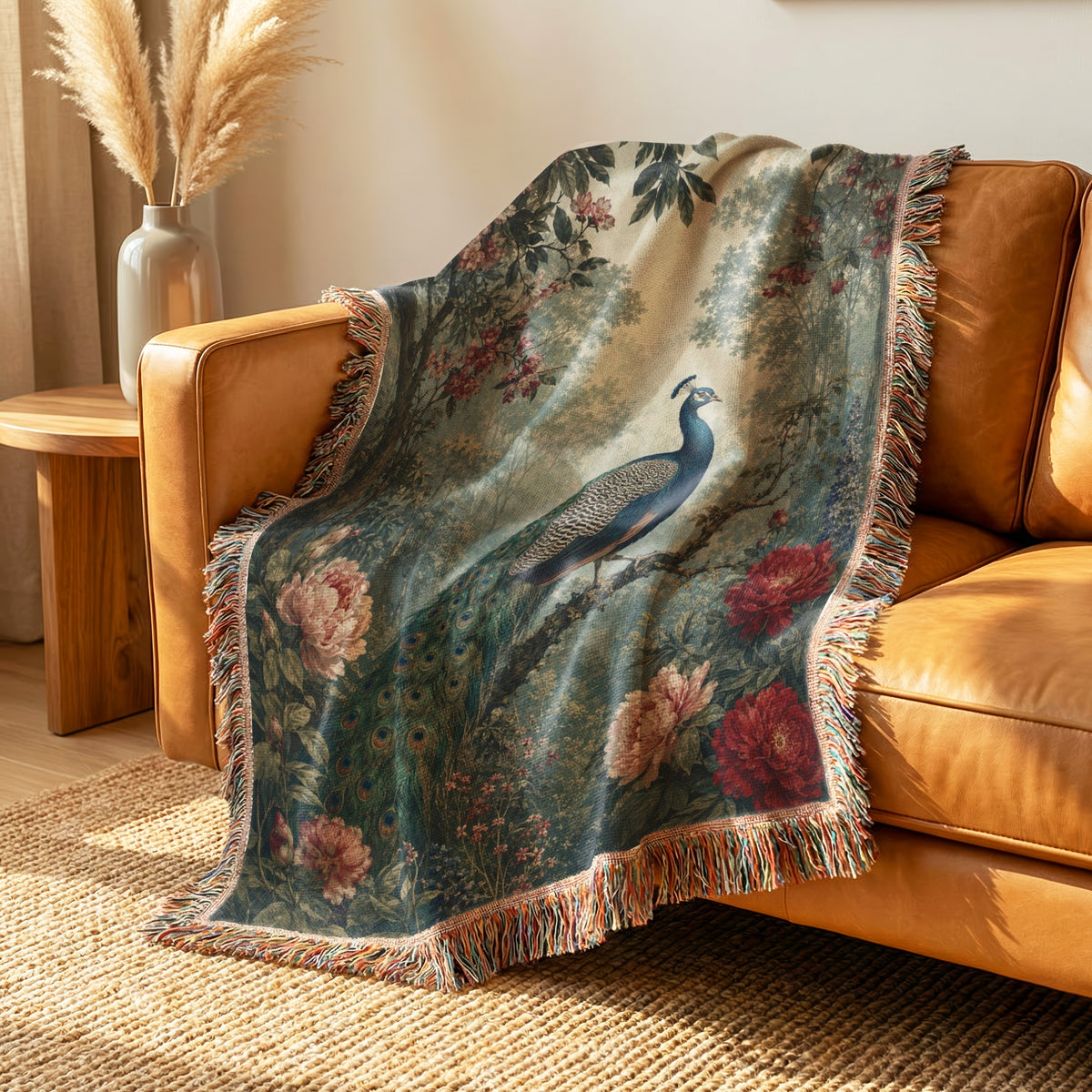 Crimson Peony Peacock Blanket