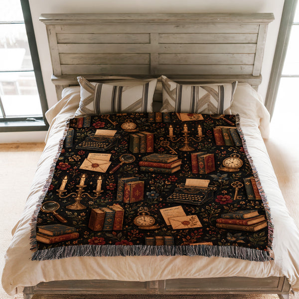 Vintage Dark Academia Library Pattern Blanket