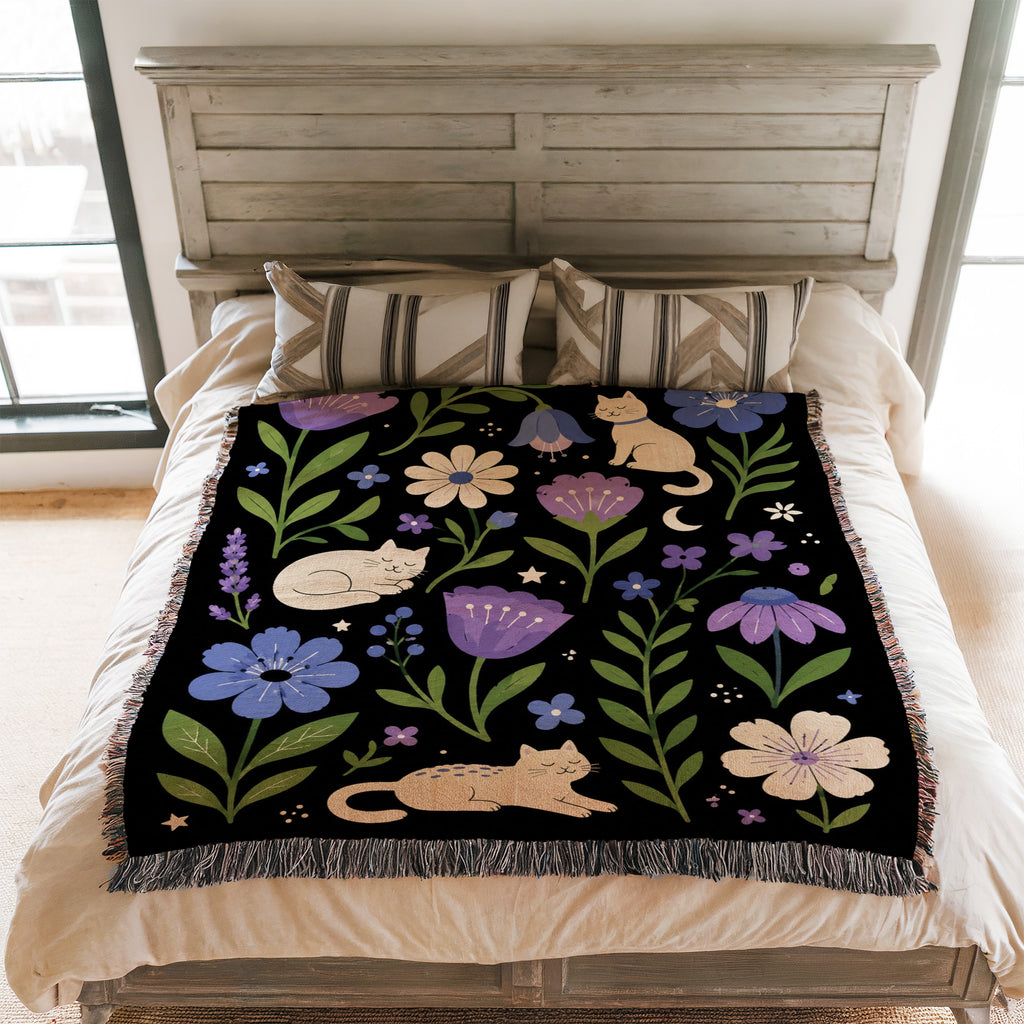 Moonlit Cats in Bloom Blanket