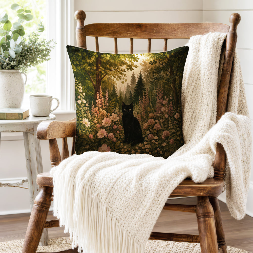 Black Cat in the Wildflower Wood – Floral Pillow