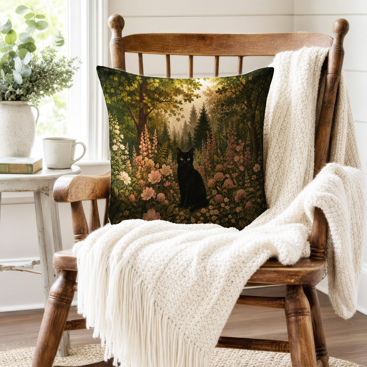 Black Cat in the Wildflower Wood – Floral Pillow