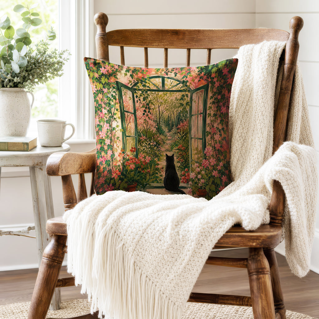 The Garden Door – Black Cat Floral Pillow