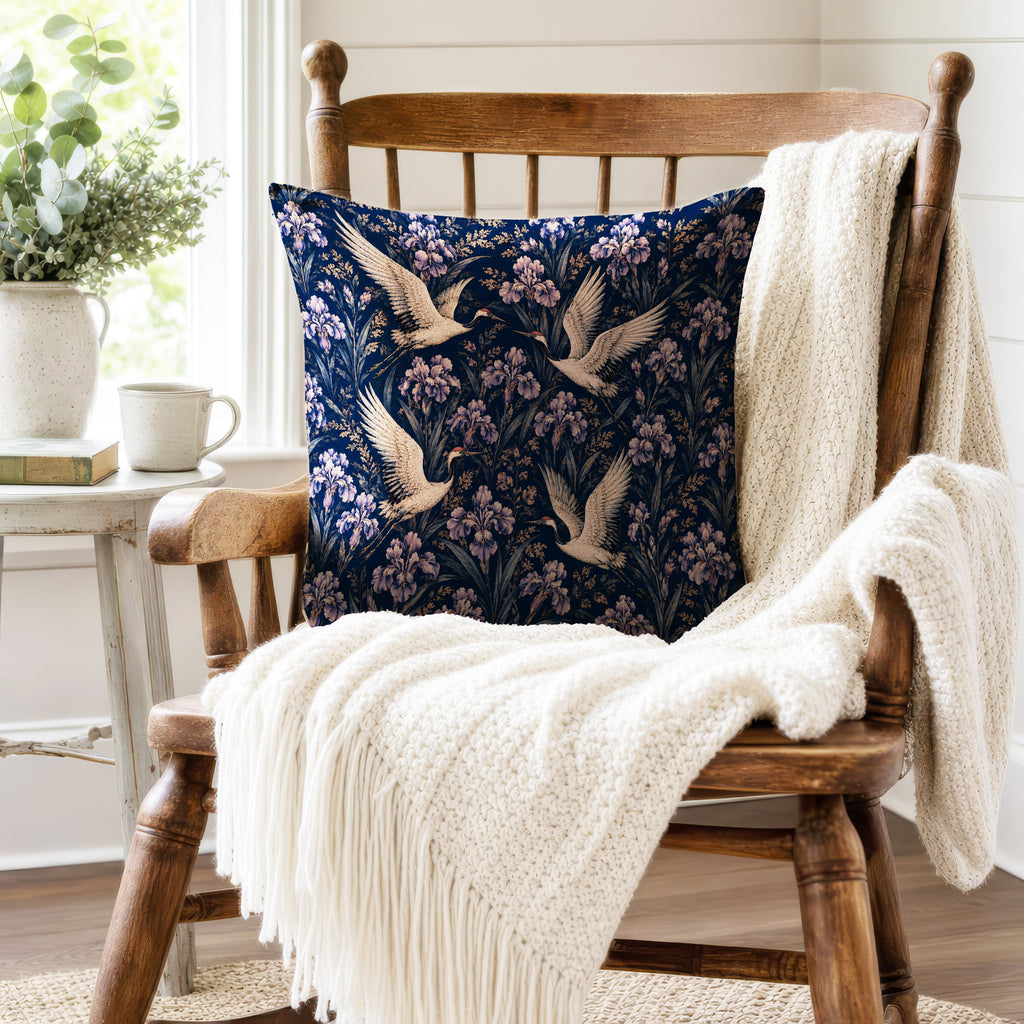 Cranes & Irises – Midnight Floral Pillow