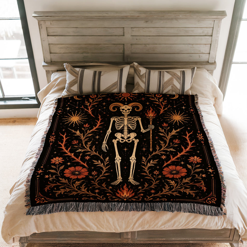 Aries Ram & Flame – Gothic Skeleton Zodiac Blanket