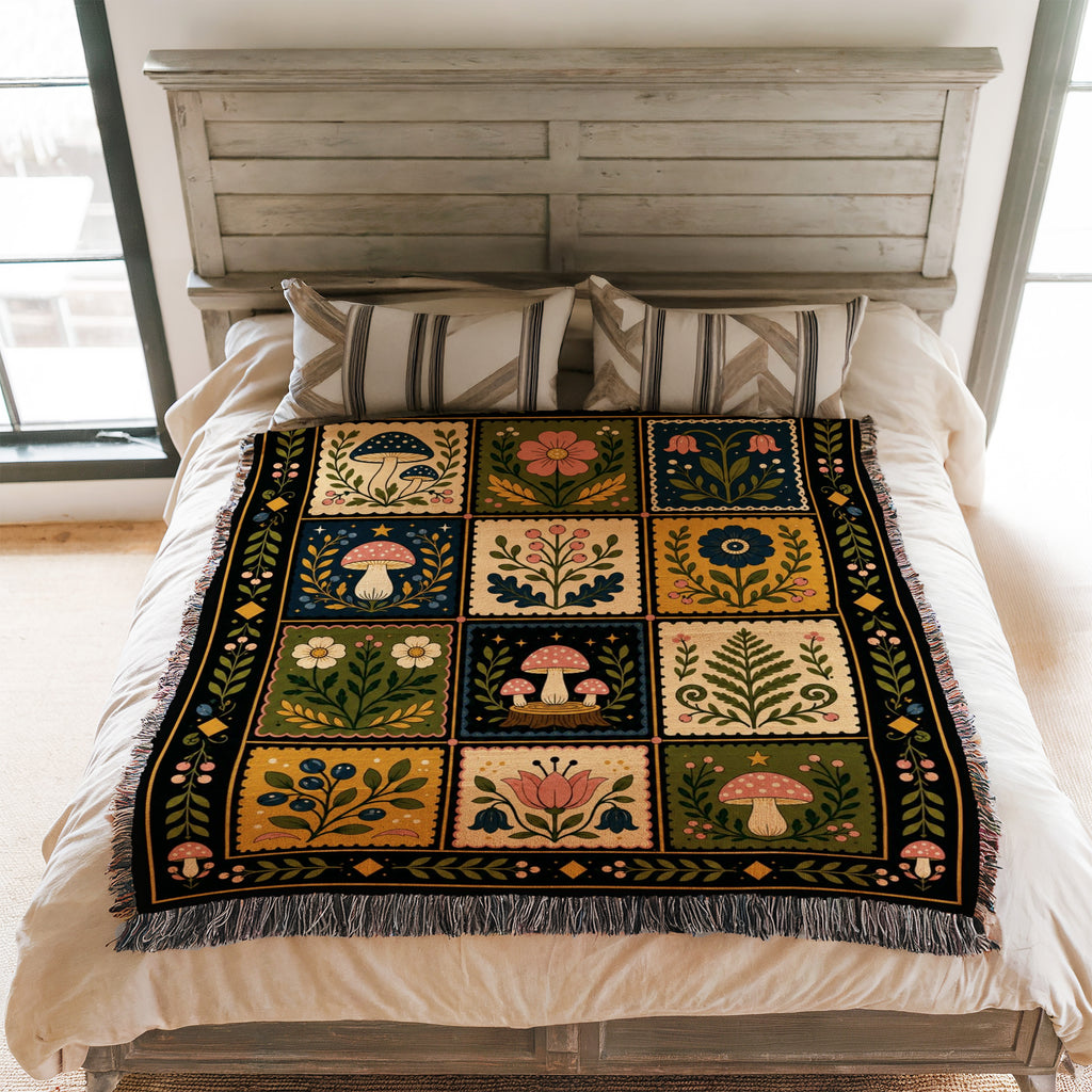 Mushroom Folk Patchwork Blanket