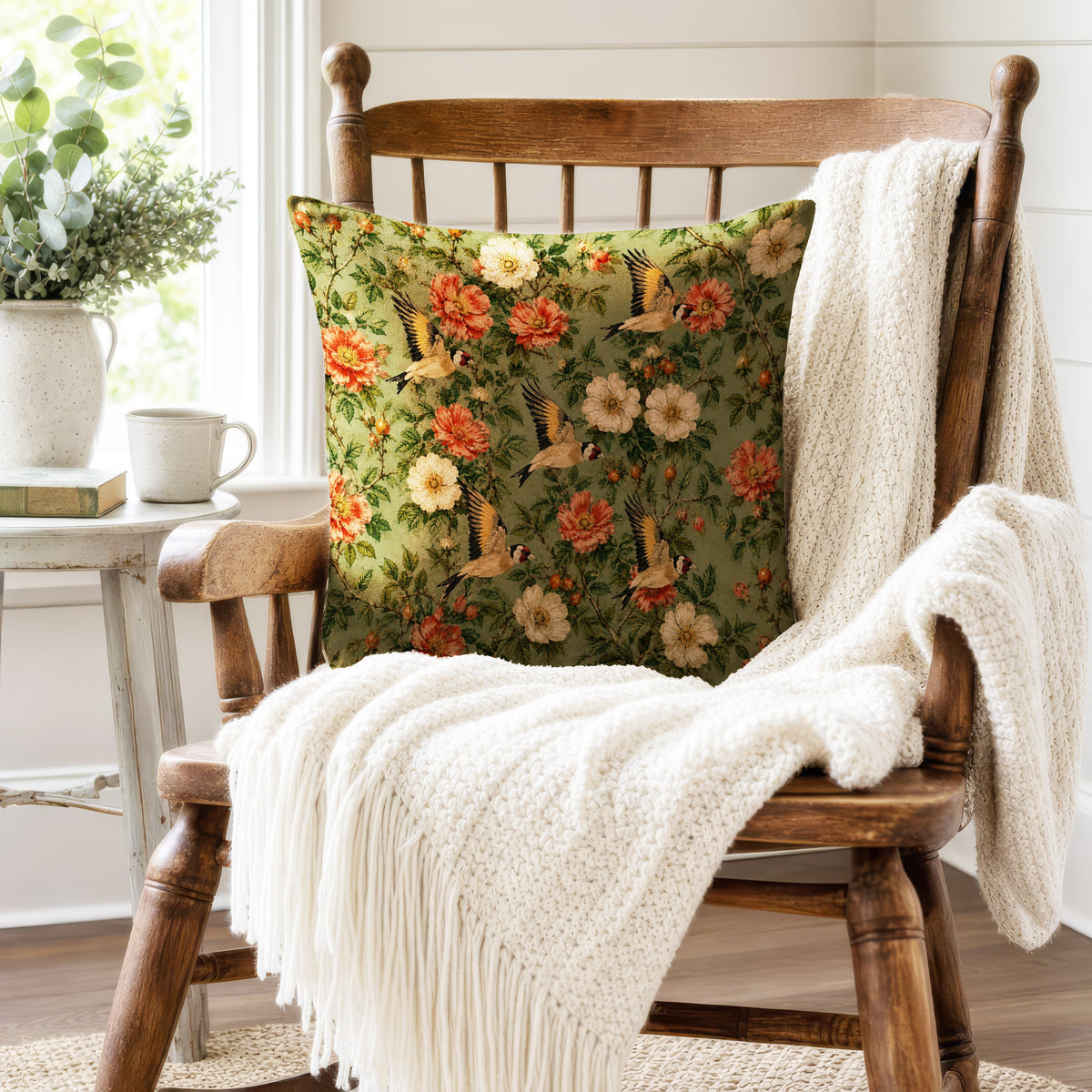 Goldfinch Garden – Vintage Floral Bird Pillow