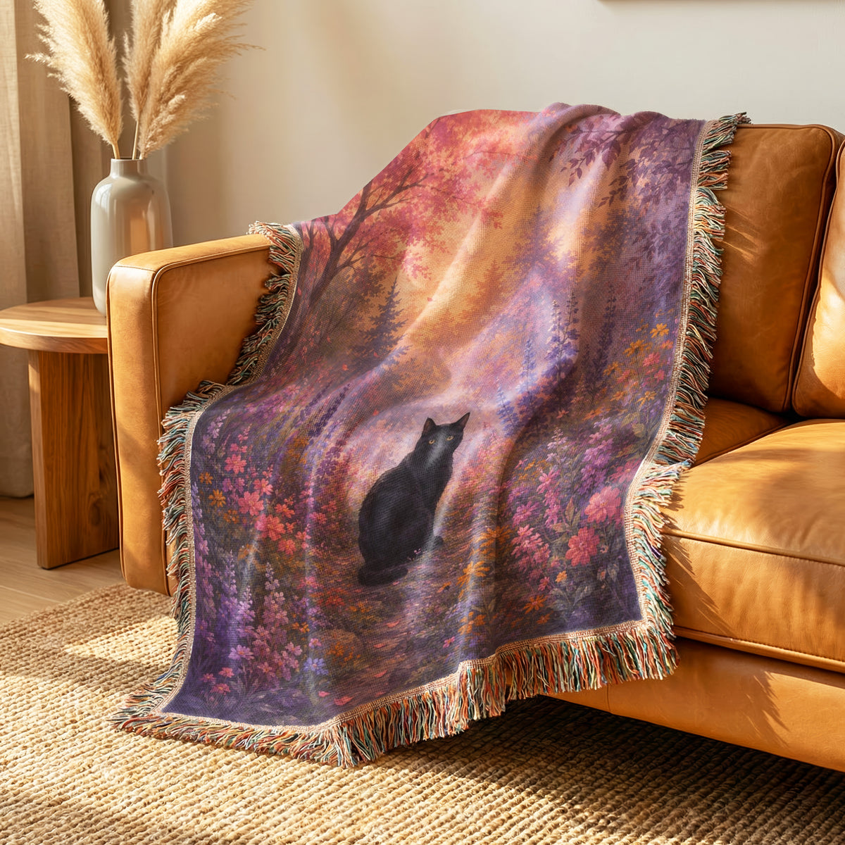 Twilight Bloom Black Cat Blanket
