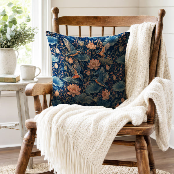 Kingfishers & Lotus – Midnight Pond Pillow