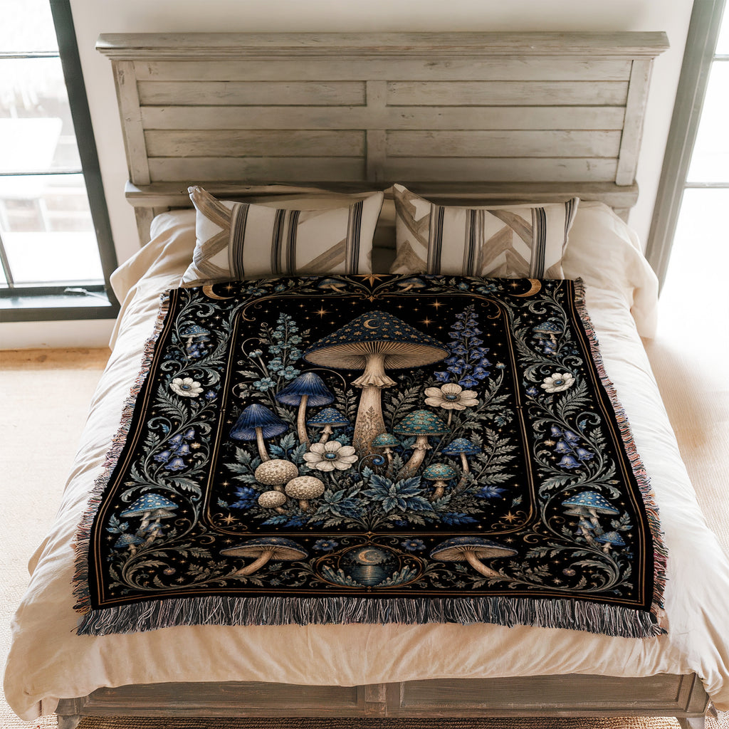 Midnight Blue Mushroom Moon Blanket