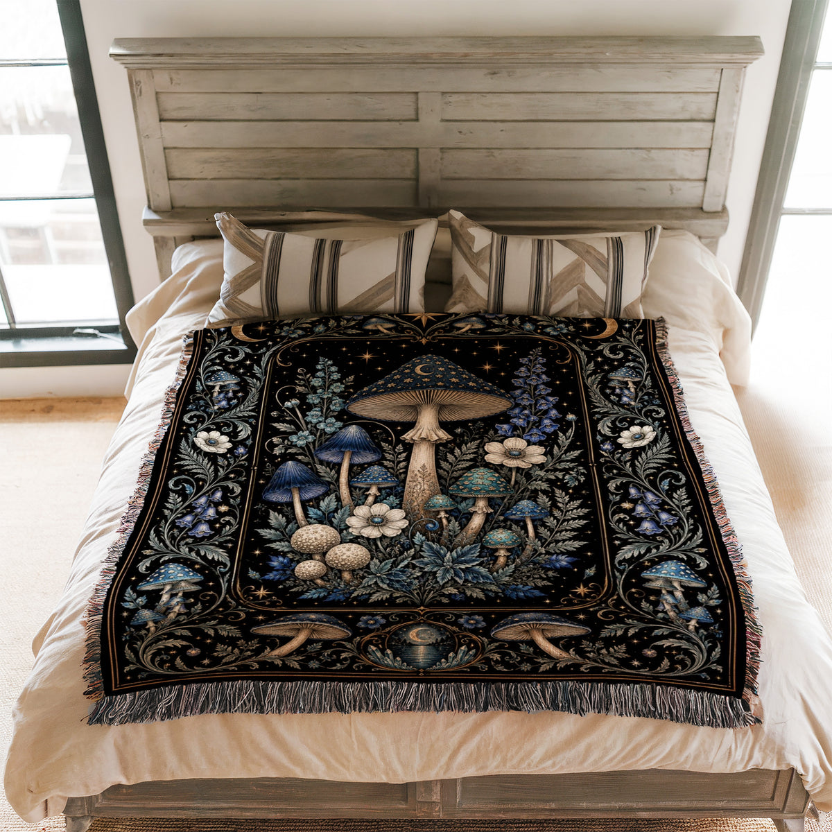 Midnight Blue Mushroom Moon Blanket